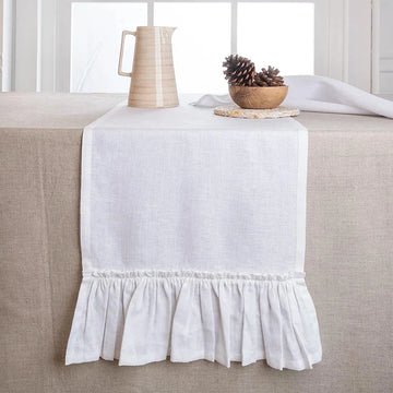 Qfdian 100% Cotton Ruffle White Table Runners for Rustic Wedding Decoration Baby Shower Birthday Party Living Room Kitchen Dinner Decor